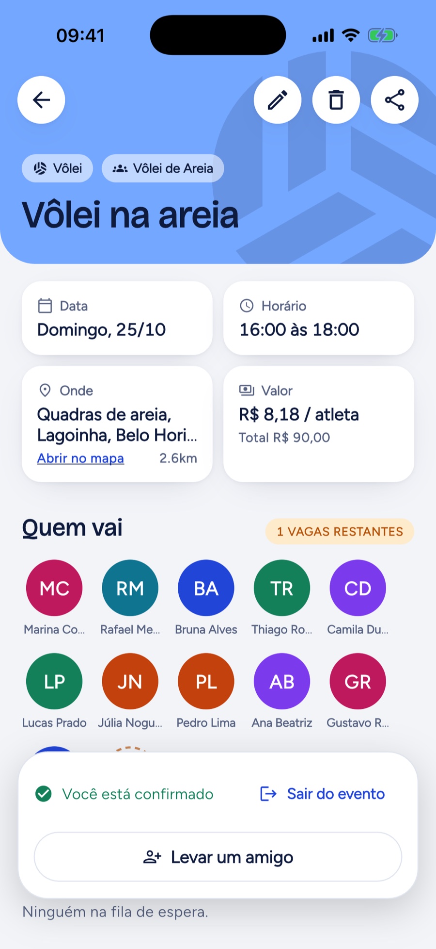 Detalhe de um evento no Partida: data, horário, local, valor por atleta e quem vai.