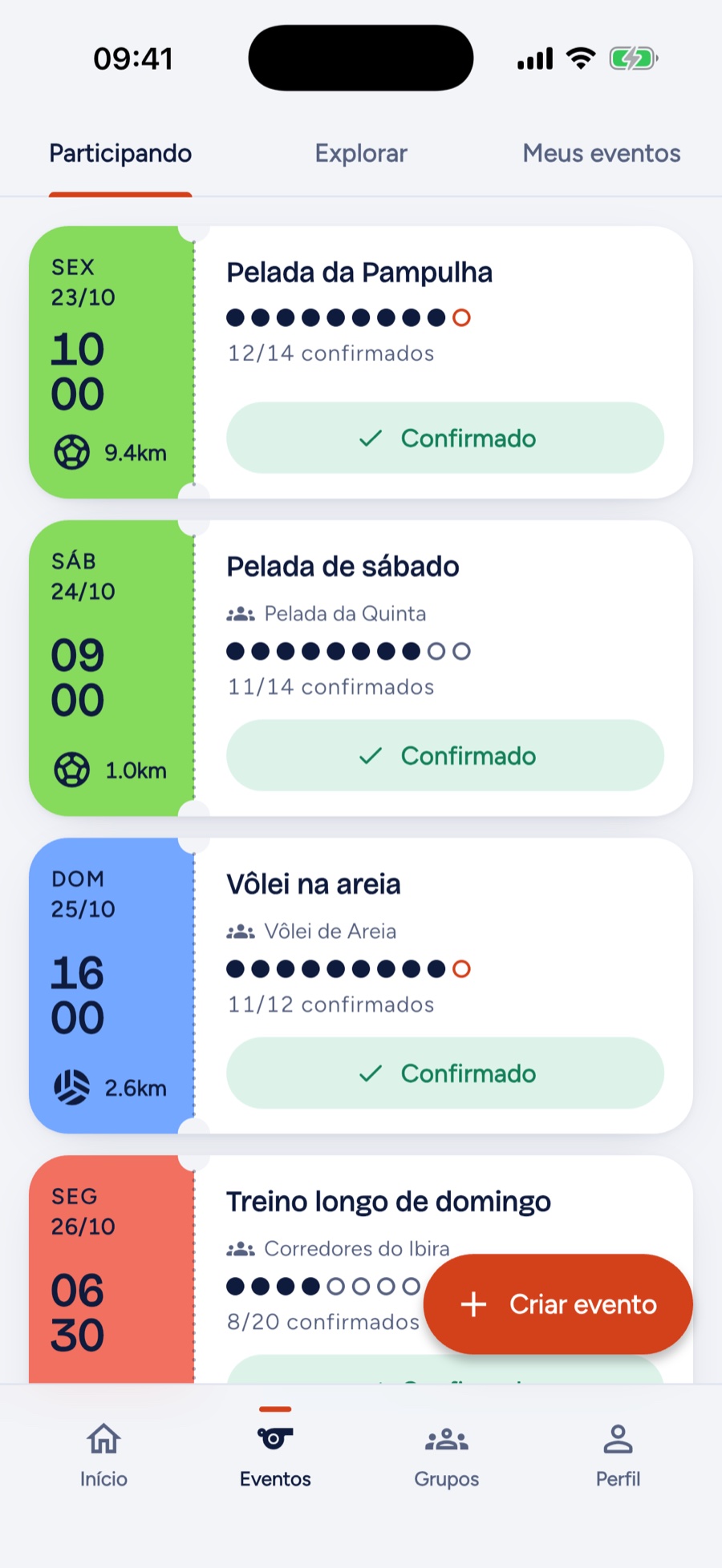 Lista de eventos do Partida, com ingressos por data, vagas e distância.