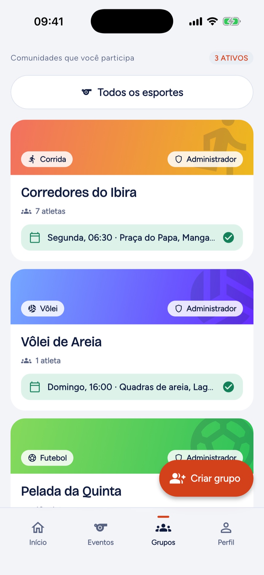 Lista de grupos do Partida, com o próximo jogo de cada turma.