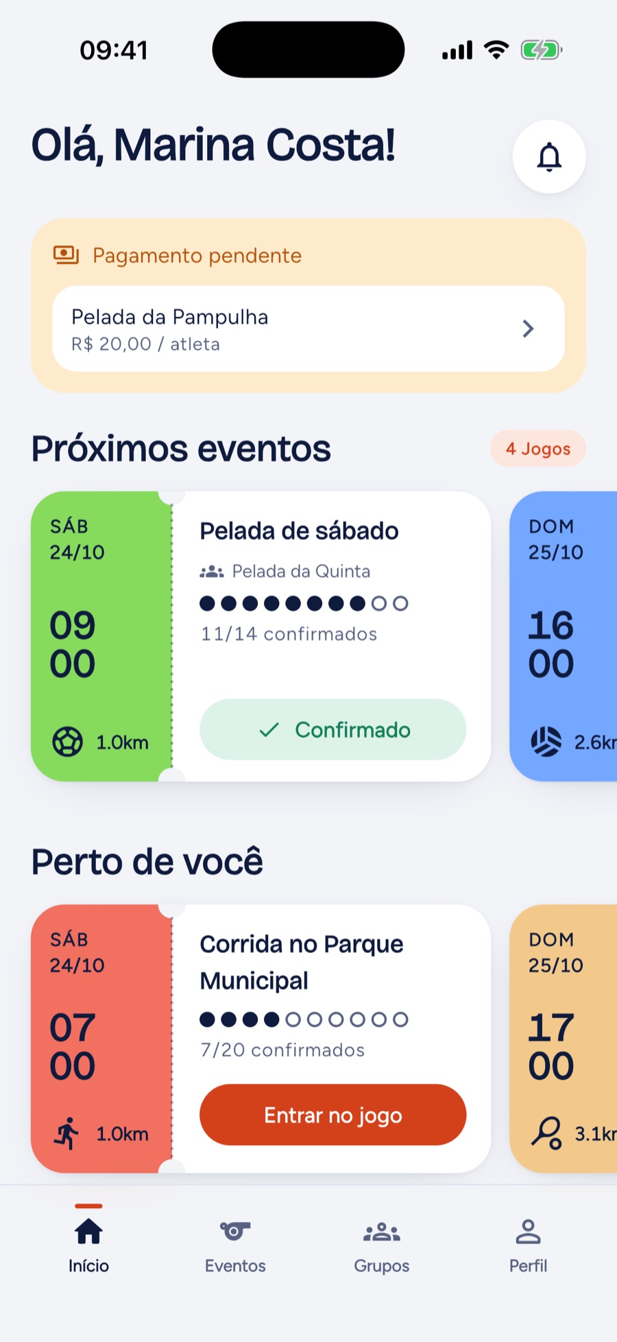 Tela inicial do Partida com próximos eventos, pagamento pendente e jogos perto de você.